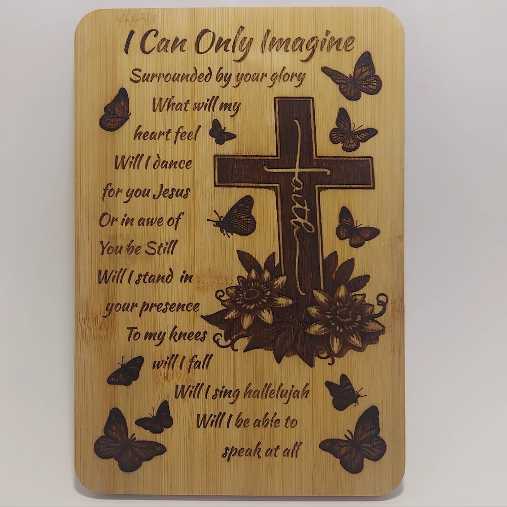 Wooden Religious Plaque with Cross and Butterflies - Natural Bamboo - Picture 1 of 3